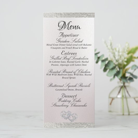 Harten & Monogram - Witte/Zilveren Bruiloft Menu (Staand voorkant)