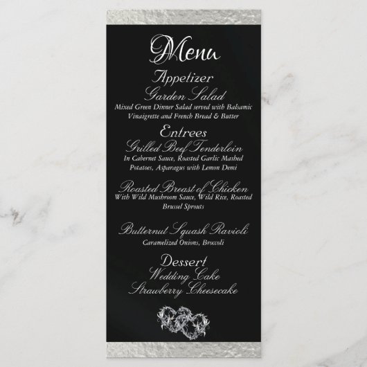 Harten & Monogram - Zwart/Zilver bruiloft Menu (Voorkant)