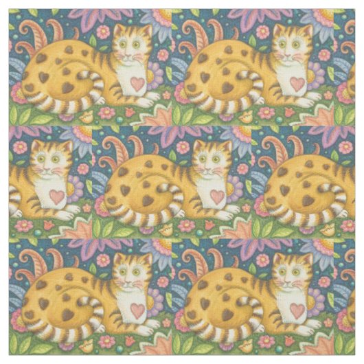 Harten n' Stripes Tabby CAT FOLK ART FABRIC Stof (Swatch)