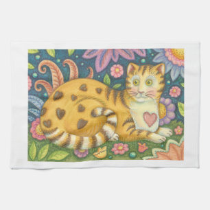 Harten n' Stripes Tabby Folk Art Cat Kitchen Towel Theedoek
