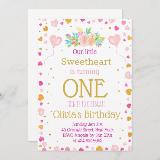 Harten of Valentijn Eerste Verjaardag uitnodiging  (Voorkant / Achterkant)