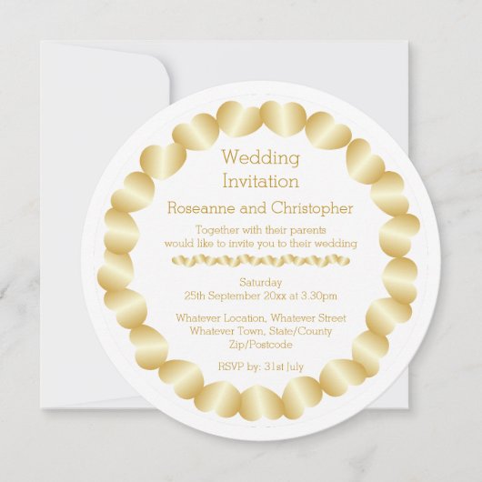 Harten Ontwerp Goudkleurige Bruiloft Uitnodiging (Voorkant)