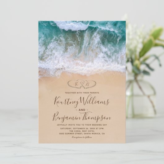 Harten op de strand bruiloft in Shore Kaart (Staand voorkant)