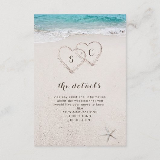 Harten op de zandstrandbruiloft informatiekaartje (Voorkant)