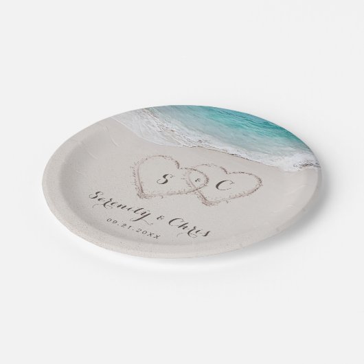 Harten op de zandstrandbruiloft papieren bordje (Gekanteld)