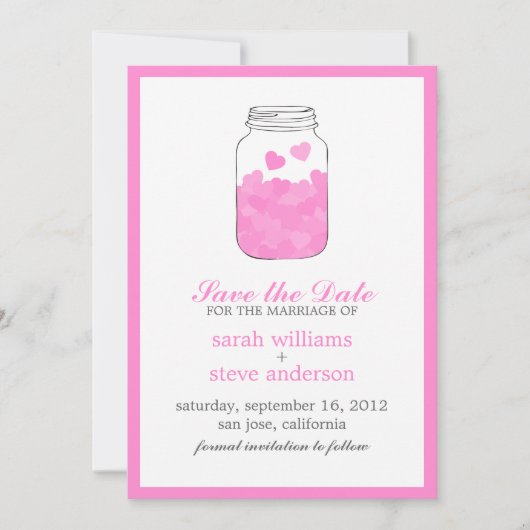 Harten op  Mason Jar Wedding Save the Date (Voorkant)