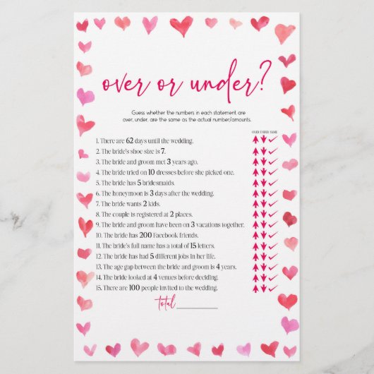 Harten Over of Onder Bruidsfeest Spel Briefpapier (Voorkant)