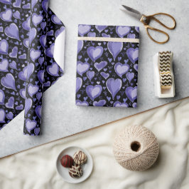 Harten Paars op Zwarte Patroontekening Cadeaupapier