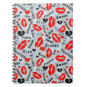Harten, rood, zwart, lip prints, kus notitieboek