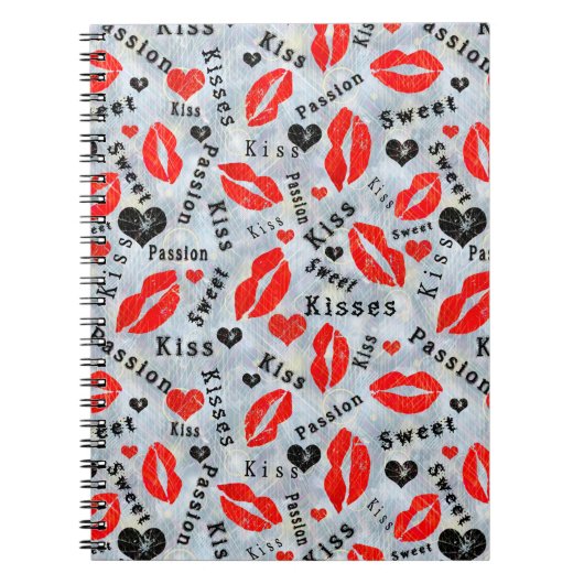 Harten, rood, zwart, lip prints, kus notitieboek (Voorkant)