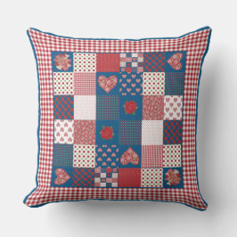 Harten, Rozen Rood, Wit, Blauw Faux-Patchwork Kussen