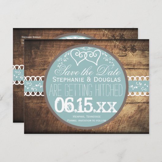 Harten Rustic Wood Blue Save the Date Briefkaarten (Voorkant / Achterkant)
