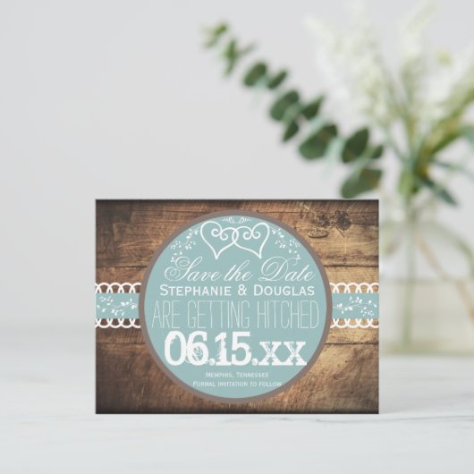 Harten Rustic Wood Blue Save the Date Briefkaarten (Staand voorkant)