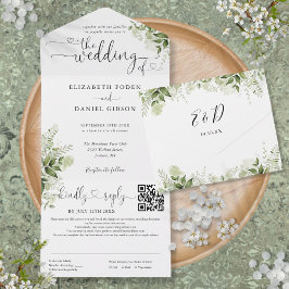 Harten Script Groene Bloem Bruiloft QR Code All In One Uitnodiging