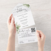 Harten Script Groene Bloem Bruiloft QR Code All In One Uitnodiging (Afscheurbaar)