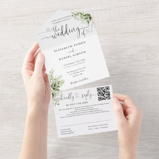 Harten Script Groene Bloem Bruiloft QR Code All In One Uitnodiging (Afscheurbaar)