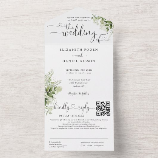 Harten Script Groene Bloem Bruiloft QR Code All In One Uitnodiging (Binnen)
