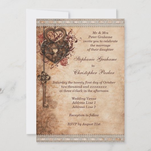 harten slot en sleutel bruiloft kaart (Achterkant)