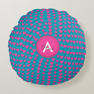Harten sterren Monogram Ronde Pijler, roze-blauw Rond Kussen