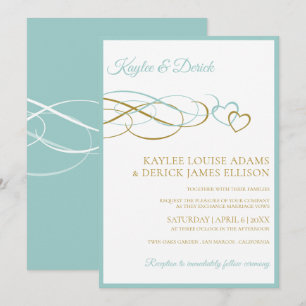 Harten Trouwkaarten Licht Turquoise & Goud Kaart