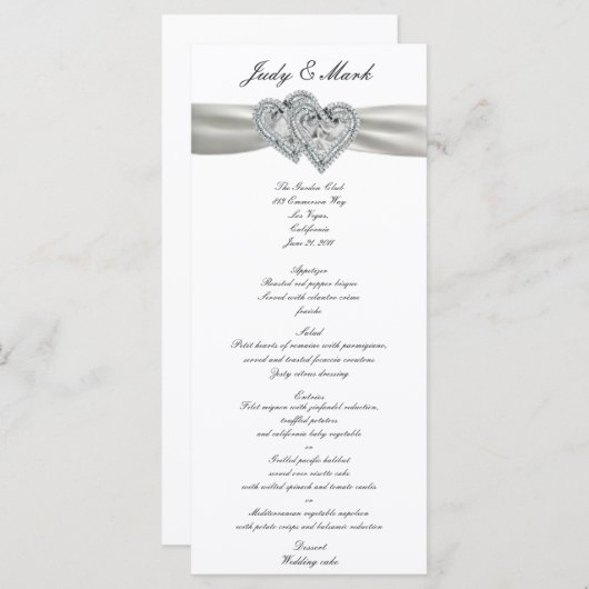 Harten Wit Bruiloft Menu Kaart (Voorkant / Achterkant)