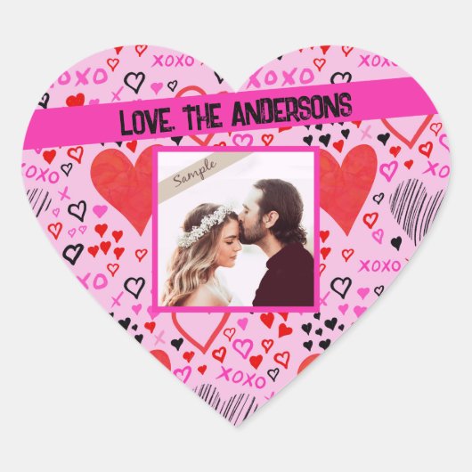 Harten, XOXO Roze Patroon, Persoonlijke Naam Foto Hart Sticker (Voorkant)