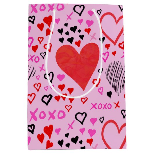 Harten, XOXO Roze Patroonpapier Medium Cadeauzakje (Voorkant)