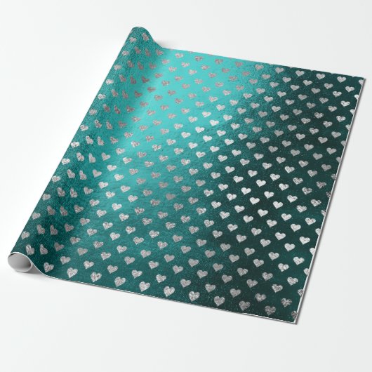 Harten Zilver Blauwgroen Aquatisch Diep Tropisch G Cadeaupapier (Uitgerold)