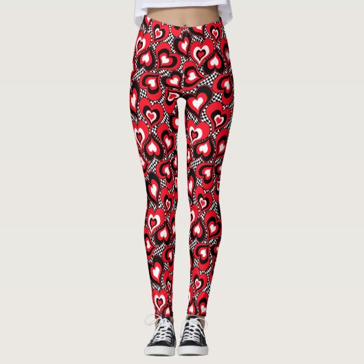 Harten, zwart, rood en wit. leggings (Voorkant)