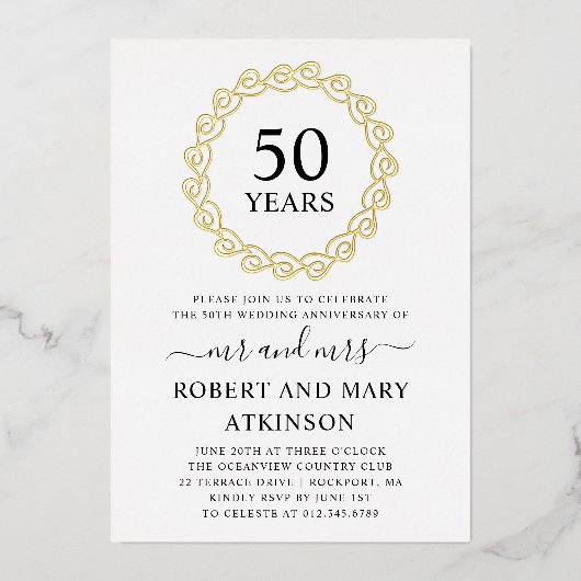 Hartenkrans 50ste huwelijksjubileumfeest folie uitnodiging (Voorkant)