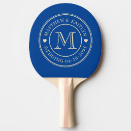 Hartenmonogram mid-century koninklijke bruiloft tafeltennisbatje