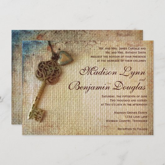 hartensleutel Rustic Burlap Wedding Invitation Kaart (Voorkant / Achterkant)