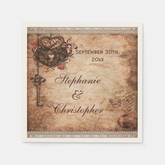  hartenslot en sleutel gepersonaliseerde bruiloft servetten (Voorkant)