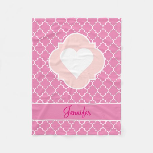 Hartenwit Silhouette roze Quatrefoil met naam Fleece Deken (Voorkant)
