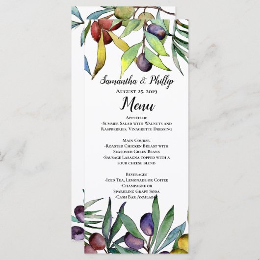 Hartige olijven Toscaanse Waterverf bruiloft Menu (Voorkant / Achterkant)