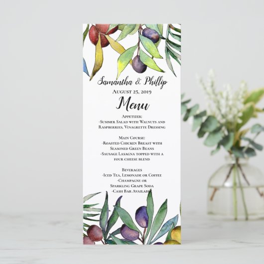 Hartige olijven Toscaanse Waterverf bruiloft Menu (Staand voorkant)