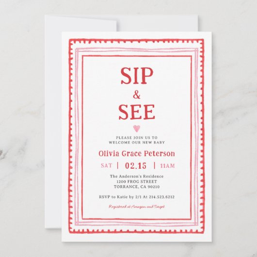 Hartjes Baby Meisje Sip en Zie Welkom Baby Kaart (Voorkant)