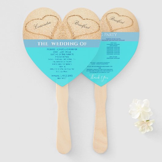Hartjes Bruiloftceremonieprogramma op het strand T Handwaaier (Voorkant en achterkant)