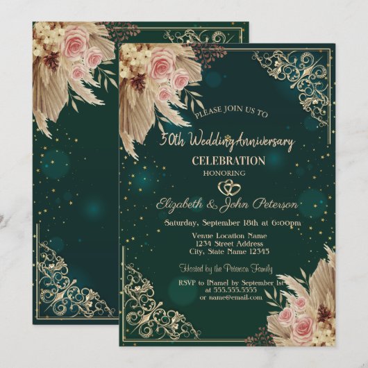 Hartjes Frame Bloemen Groen Huwelijksjubileum Kaart (Voorkant / Achterkant)