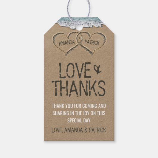 Hartjes in de Sand Beach Shore Bruiloft Dank u Cadeaulabel (Voorkant)