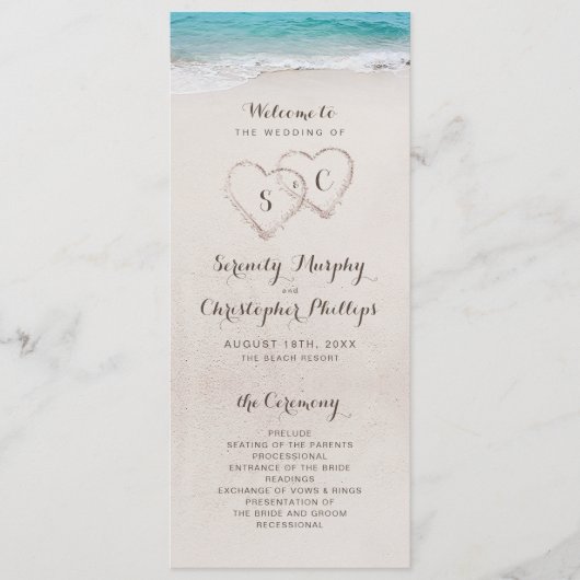 Hartjes in het zand strand bruiloftsprogramma programmakaart (Voorkant)
