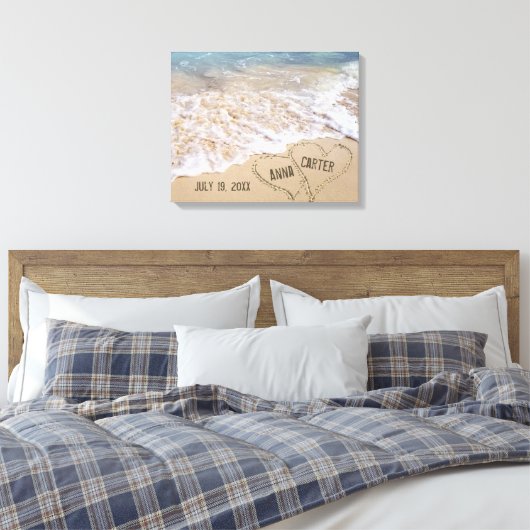 Hartjes op het strand met branding canvas afdruk (Insitu (Slaapkamer))