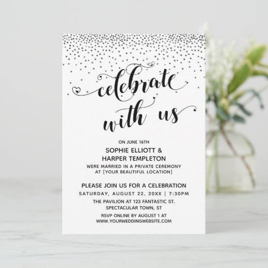 Hartjes Script Zilver Confetti Kaart (Staand voorkant)