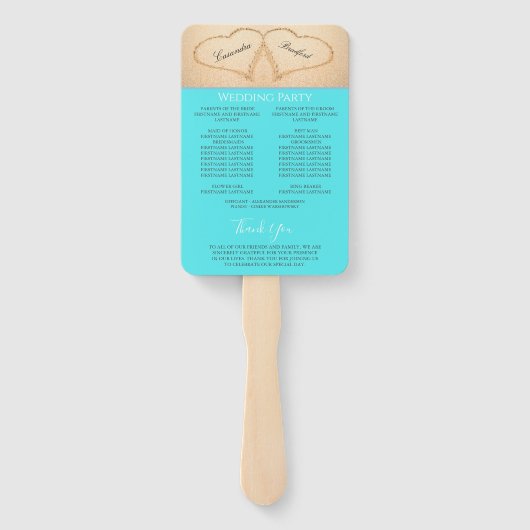 Hartjes Strand Bruiloftsceremonieprogramma Blauw Handwaaier (Achterkant)