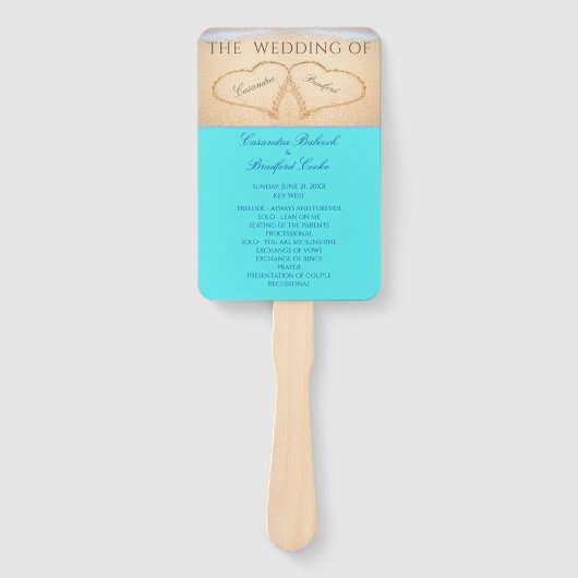 Hartjes  Trouwceremonieprogramma op het strand in  Handwaaier (Voorkant)