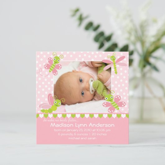 Hartklopping babymeisje fotoaankondiging aankondiging (Staand voorkant)