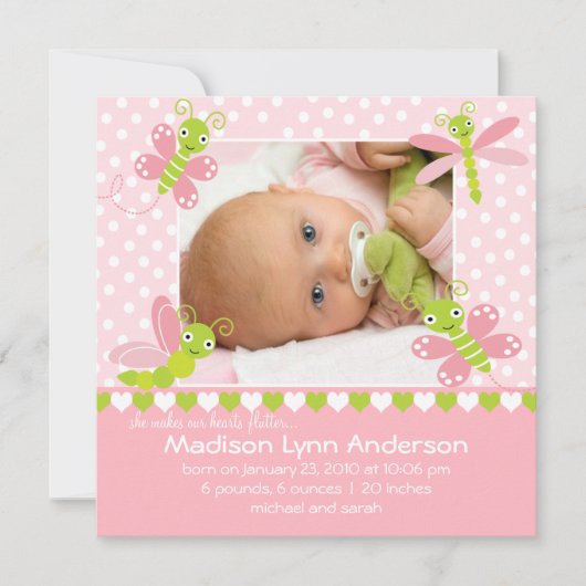 Hartklopping babymeisje fotoaankondiging aankondiging (Voorkant)