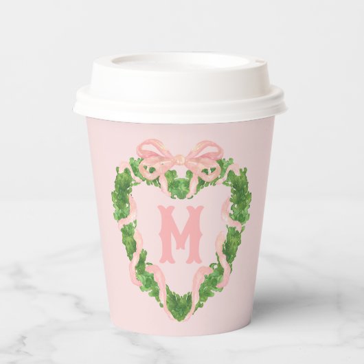 Hartkrans met roze boog | Monogram Papieren Bekers (Voorkant)