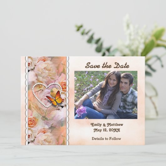 Hartparels, Oranje Rozen, vlinders Save Date Save The Date (Staand voorkant)