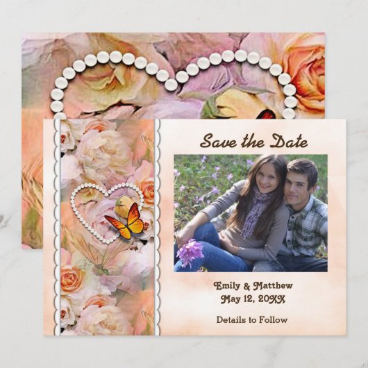 Hartparels, Oranje Rozen, vlinders Save Date Save The Date (Voorkant / Achterkant)